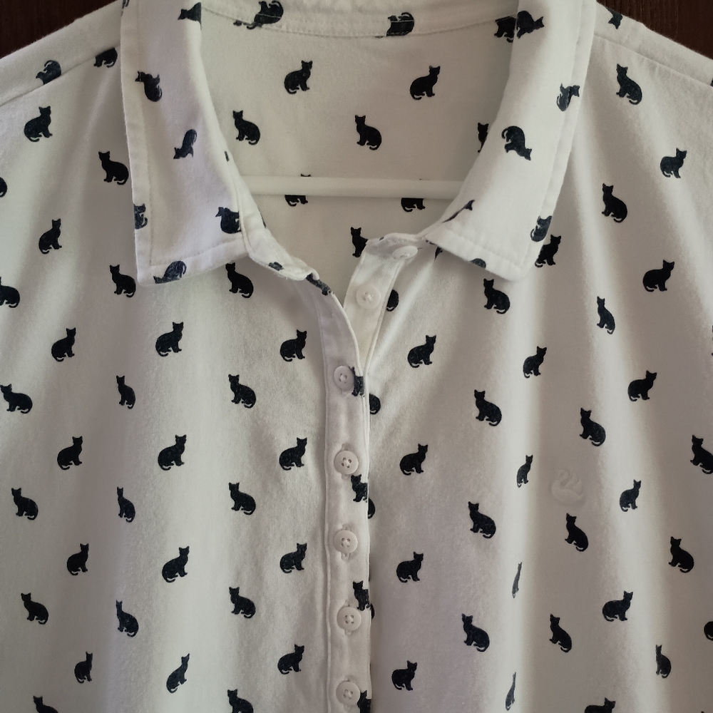 Gloria Vanderbilt Cat Lover's Polo 1X White w/Navy Print